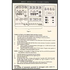 Label Brief Operation Instructions, For E,EK,EA,EZ by Tuttnauer USA Co. Ltd.  ID 02510517